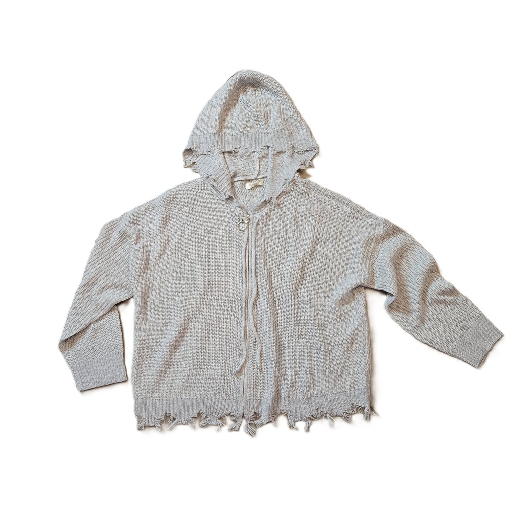 Full Circle‎ Trends Distressed Knit Zip Up Hoodie Light Gray Women's 2X